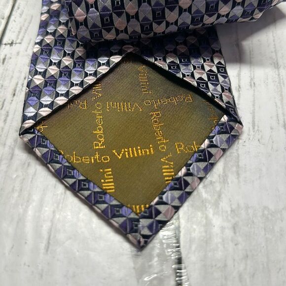 Roberto Villini Geometric Handmade Silk necktie Tie Purple Pink - Picture 4 of 6